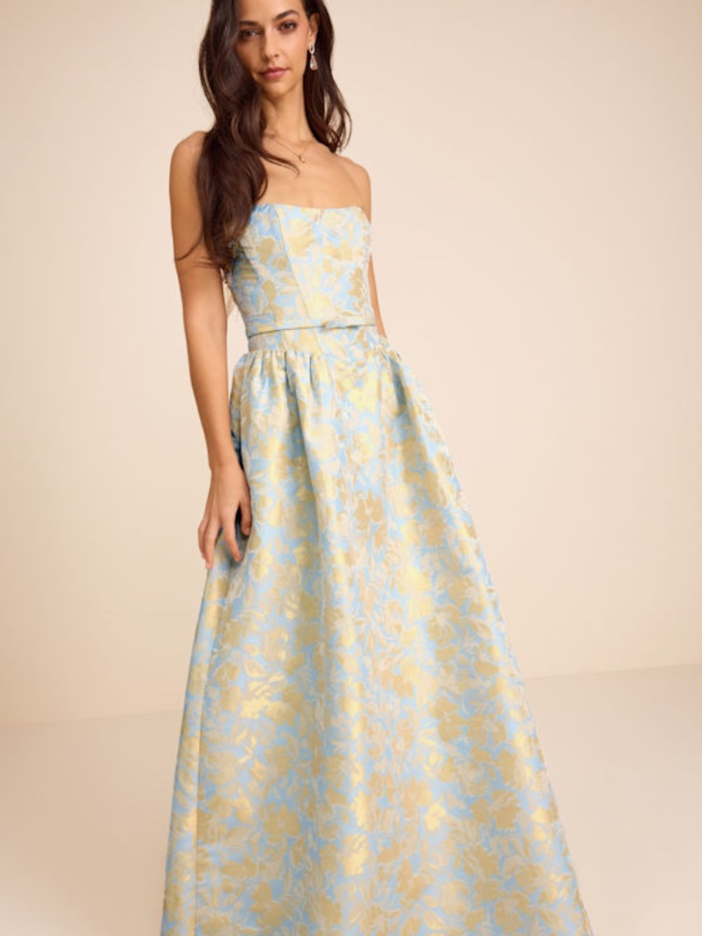 Lulus Bradshaw Light Blue And Yellow Floral Jacquard Maxi Dress - Size XL